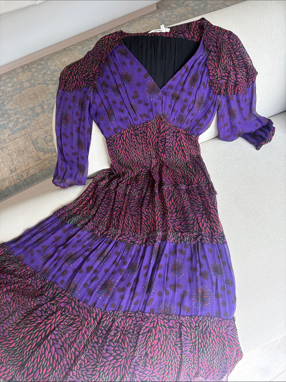 ba&sh Purple and Pink Patterned Long Sleeve Midi Dress